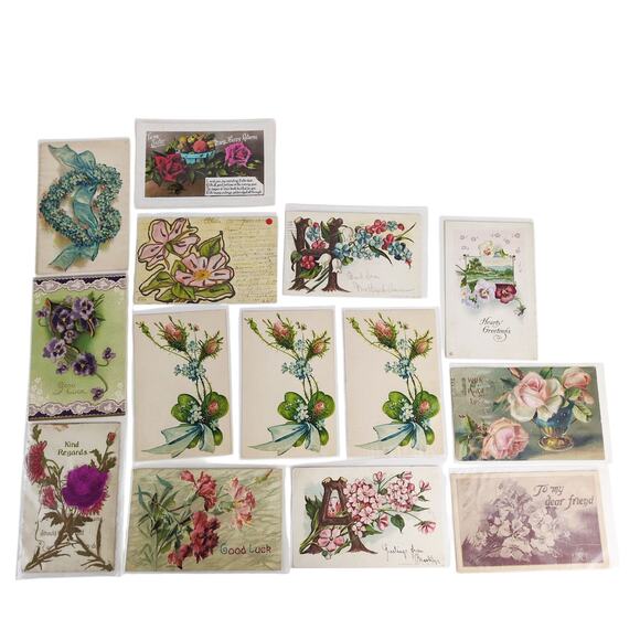 Lot 14 Antique Early 1900s Rose Floral Greeting Card Postcards Embossed Flocked - Picture 1 of 4